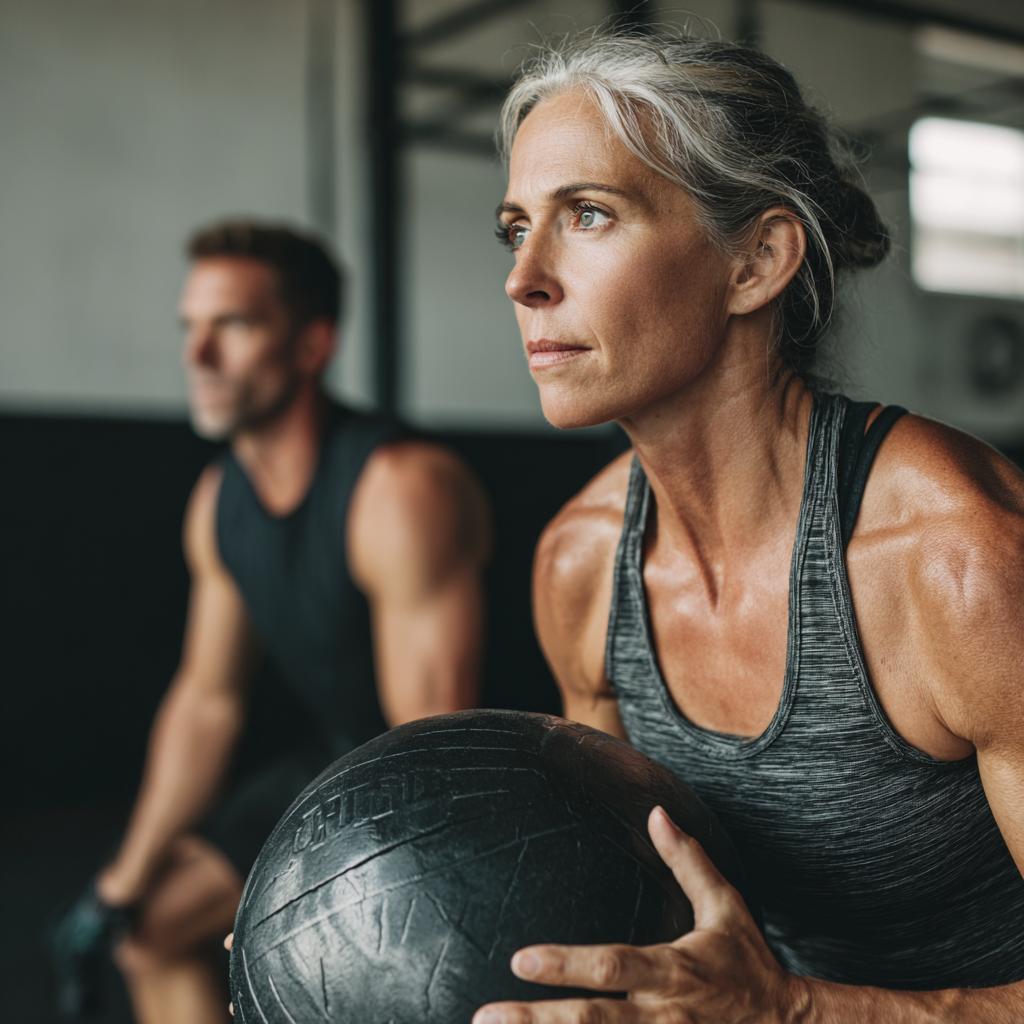 Жінка 52 років займається з персональним тренером, виконує функціональні вправи з медболом