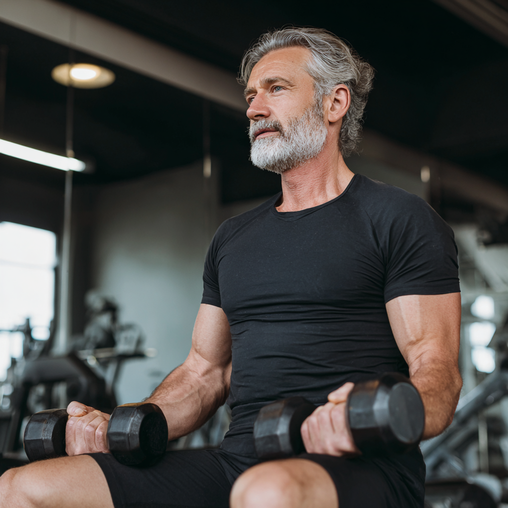 Чоловік 55 років виконує силові вправи з гантелями в сучасному спортзалі