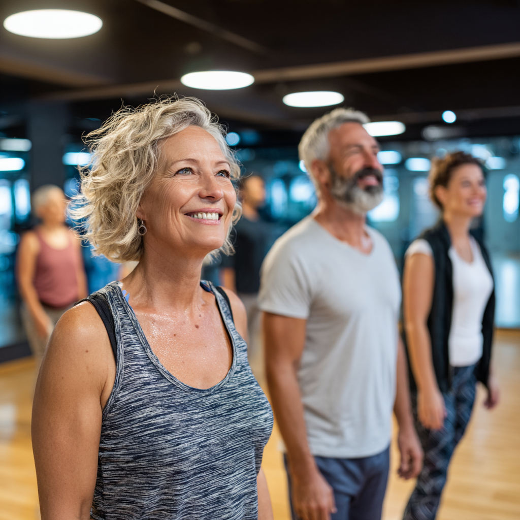 Група людей віком 50-60 років займається груповим тренуванням у сучасному фітнес залі